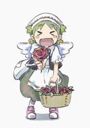 Rule 34 | &gt; &lt;, 1girl, :d, alternate costume, apron, basket, black dress, blush, closed eyes, dress, facing viewer, flower, full body, green hair, head scarf, holding, holding basket, holding flower, incoming gift, koiwai yotsuba, marutei2, open mouth, quad tails, red flower, red rose, rose, short hair, simple background, smile, solo, standing, white apron, white wings, wings, xd, yotsubato!