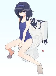 Rule 34 | 1girl, arm between legs, black hair, blue archive, blue one-piece swimsuit, collarbone, flat chest, full body, gradient background, hairband, highres, long hair, looking at viewer, one-piece swimsuit, purple eyes, school swimsuit, signature, simple background, sitting, slippers, solo, swimsuit, thighs, toilet, ui (blue archive), yan wan