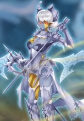 Rule 34 | 1girl, absurdres, armor, artist request, breasts, cleavage, colored skin, commission, damaged, demon girl, duel monster, earrings, female focus, glowing, glowing eyes, grey hair, grey skin, highres, holding, holding sword, holding weapon, jewelry, lady labrynth of the silver castle, large breasts, lovely labrynth of the silver castle, pointy ears, red eyes, short hair, sword, weapon, yu-gi-oh!