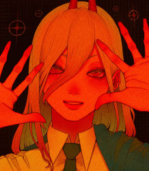 Rule 34 | 1girl, blonde hair, chainsaw man, collared shirt, cross-shaped pupils, hair between eyes, highres, horns, jacket, light smile, long hair, looking at viewer, necktie, orange theme, parted lips, power (chainsaw man), red horns, shekisheki15, shirt, solo, symbol-shaped pupils, yellow eyes