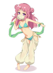 Rule 34 | 1girl, arabian clothes, bare shoulders, barefoot, blush, breasts, dancer, double bun, forehead jewel, full body, hair bun, jewelry, long hair, looking at viewer, midriff, mouth veil, navel, open mouth, original, pink hair, purple eyes, sasaame, see-through, simple background, small breasts, smile, solo, veil, white background, white legwear