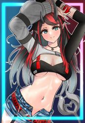 Rule 34 | 1girl, absurdres, arm strap, arms up, bad id, bad pixiv id, belt, bikini, bikini top only, black bikini, black hair, blue eyes, blue shorts, blush, breasts, closed mouth, commentary request, contrapposto, cowboy shot, demon girl, demon horns, demon tail, duplicate, ear piercing, fishnet top, fishnets, highres, horns, jewelry, large breasts, long hair, looking at viewer, loose belt, midriff, multicolored hair, nanashi inc., navel, navel piercing, necklace, neon trim, official alternate costume, open fly, piercing, pointy ears, red belt, red hair, russian text, ryugasaki rene, ryugasaki rene (2nd costume), sanada shinka, short shorts, shorts, shrug (clothing), single sleeve, smile, solo, sugar lyric, suspenders, swimsuit, tail, textless version, two-tone hair, underboob, virtual youtuber
