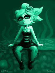 Rule 34 | + +, 1girl, 2016, arm support, artist name, bare shoulders, breasts, cleavage, dated, detached collar, domino mask, dress, earrings, female focus, full body, gloves, half-closed eyes, highres, jewelry, looking away, looking down, looking to the side, marie (splatoon), mask, medium breasts, mole, mole under eye, monochrome, nintendo, object on head, outta sync, pointy ears, shoes, short dress, short hair, signature, sitting, smile, solo, splatoon (series), strapless, strapless dress, tentacle hair, tentacles, text focus