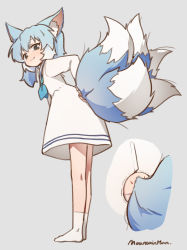 Rule 34 | 1girl, :3, ah zhong (mountain han), animal ear fluff, animal ears, black eyes, blue hair, blue neckerchief, chinese text, clothing cutout, dimples of venus, dress, fox ears, fox tail, grey background, highres, looking at viewer, mountain han, multiple tails, neckerchief, original, panties, panty peek, sailor collar, sailor dress, signature, simple background, smile, smug, solo, standing, tail, tail through clothes, translation request, underwear, white dress, white sailor collar