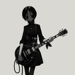 Rule 34 | 1girl, arm scarf, closed mouth, dress, earrings, electric guitar, gibson les paul, grey background, greyscale, guitar, head tilt, highres, holding, holding instrument, instrument, inverted cross earrings, jewelry, jitome, long sleeves, medium hair, mole, mole under eye, monochrome, narue, original, pantyhose, simple background, solo, standing, thigh gap