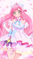 Rule 34 | 1girl, absurdres, ascot, blue bow, blush, bow, braid, brooch, commentary, cure prism, dress, dress bow, earrings, elbow gloves, gloves, green eyes, hair bow, halterneck, heart, highres, hirogaru sky! precure, jewelry, layered dress, leg up, long hair, looking at viewer, magical girl, nijigaoka mashiro, parted lips, pink hair, precure, side braid, single earring, sleeveless, sleeveless dress, solo, standing, standing on one leg, sugimura mickey, twin braids, very long hair, white ascot, white bow, white dress, white gloves, wing brooch