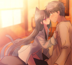 1boy 1girl animal_ears black_hair blurry blurry_background blush cat_ears cat_girl cat_tail clothes_grab izumi_makoto long_hair long_sleeves looking_at_another naked_shirt open_mouth original panties red_eyes shirt shirt_grab sitting sitting_on_person sweatdrop tail underwear very_long_hair