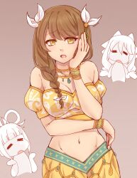 Rule 34 | 1boy, 2girls, = =, bare shoulders, bracelet, braid, breasts, brown hair, cleavage, commentary request, cowboy shot, crop top, fire emblem, fire emblem engage, goldmary (fire emblem), grey background, hair ribbon, hand up, highres, hortensia (fire emblem), jewelry, large breasts, long hair, midriff, multiple girls, navel, necklace, nintendo, off-shoulder shirt, off shoulder, open mouth, pants, puffy short sleeves, puffy sleeves, ribbon, rosado (fire emblem), shirt, short sleeves, simple background, single braid, stomach, symoca, white ribbon, yellow eyes, yellow pants, yellow shirt