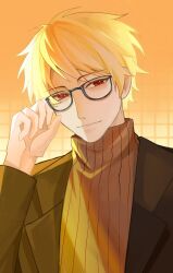 Rule 34 | 1boy, adjusting eyewear, atou haruki, black jacket, blonde hair, brown sweater, chinese commentary, closed mouth, commentary request, glasses, hand on eyewear, highres, jacket, long sleeves, male focus, open clothes, open jacket, red eyes, ribbed sweater, saibou shinkyoku, shi mo qi wa, short hair, smile, solo, sweater, turtleneck, turtleneck sweater