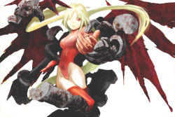 Rule 34 | 1girl, angel wings, armor, bat wings, bodysuit, covered navel, feathers, final fantasy, final fantasy tactics, floating hair, foreshortening, gloves, groin, hair over one eye, head wings, highleg, highleg leotard, leotard, long hair, looking at viewer, outstretched arm, parted bangs, red eyes, red leotard, red thighhighs, simple background, skeleton, solo, thigh gap, thighhighs, turtleneck, ultima (fft), very long hair, white background, white hair, wings, y maou