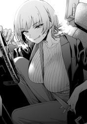 Rule 34 | 1girl, between breasts, blush, breasts, breath, car interior, greyscale, grin, highres, ice reizou, jacket, large breasts, looking at viewer, monochrome, open clothes, open jacket, original, pants, seatbelt, short hair, smile, solo, steering wheel, strap between breasts, sweat, sweater