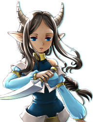 Rule 34 | 1girl, blue eyes, braid, brown hair, dagger, expressionless, holding, holding dagger, holding knife, holding weapon, horns, knife, long hair, militsa, militsa (tales), pointy ears, shimauma, shimauma (zebra vz), solo, tales of (series), tales of rebirth, weapon