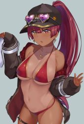 Rule 34 | 1girl, alternate skin color, baseball cap, bikini, black hat, black jacket, breasts, cleavage, collarbone, dark-skinned female, dark skin, earrings, eyewear on headwear, fang, hai ookami, hat, heart, heart earrings, heart necklace, heterochromia, holding clothes, holding shorts, hololive, houshou marine, houshou marine (summer), jacket, jewelry, large breasts, long hair, long sleeves, looking at viewer, navel, necklace, o-ring, o-ring thigh strap, parted lips, ponytail, red bikini, red hair, shorts, solo, sunglasses, swimsuit, tan, tanline, thigh strap, unworn shorts, virtual youtuber, yellow eyes