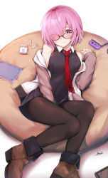 Rule 34 | 1girl, absurdres, ankle boots, bare shoulders, bee doushi, between legs, black-framed eyewear, black dress, blush, book, boots, breasts, brown footwear, brown pantyhose, closed mouth, cushion, dress, earbuds, earphones, fate/grand order, fate (series), glasses, grey sleeves, hair over one eye, hand between legs, highres, jacket, joy-con, long sleeves, looking at viewer, lying, mash kyrielight, medium breasts, necktie, nintendo switch, off shoulder, on back, open clothes, open jacket, pantyhose, purple eyes, purple hair, red necktie, revision, short hair, signature, simple background, smile, solo, track jacket, white background, white jacket, wing collar