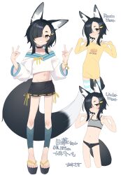 Rule 34 | 1girl, animal ear fluff, animal ears, arms up, bare shoulders, black choker, black hair, black panties, black shorts, blush, bow, bow bra, bow panties, bra, bra strap, brown eyes, character name, character profile, character sheet, choker, english text, flat chest, fox ears, fox girl, fox shadow puppet, fox tail, hair ornament, hair over one eye, highres, large tail, long shirt, long sleeves, looking at viewer, midriff, navel, off-shoulder shirt, off shoulder, okobo, original, owasaki, panties, print shirt, ribbon-trimmed clothes, ribbon trim, sandals, shirt, short eyebrows, short hair, short shorts, shorts, sidelocks, smile, standing, striped clothes, striped thighhighs, tail, thighhighs, underwear, white background