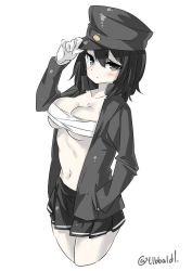 Rule 34 | 10s, 1girl, akitsu maru (kancolle), arm up, bad id, bad twitter id, black eyes, black hair, black skirt, blush, breasts, cleavage, closed mouth, collarbone, cowboy shot, cropped legs, ebifurya, eyebrows, female focus, gloves, hair between eyes, hand in pocket, hand on headwear, hat, highres, inactive account, kantai collection, large breasts, long sleeves, looking at viewer, military, military uniform, navel, open clothes, pale skin, peaked cap, pleated skirt, pocket, remodel (kantai collection), sarashi, short hair, simple background, skirt, solo, stomach, twitter username, uniform, white background, white gloves