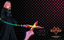 Rule 34 | 1boy, 3d, black coat (kingdom hearts), blue eyes, highres, kingdom hearts, kingdom hearts 358/2 days, male focus, marluxia, official art, official wallpaper, organization xiii, pink hair, pink theme, scythe, smile, solo, wallpaper