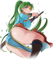 Rule 34 | 1girl, ass, ass focus, black gloves, boots, closed mouth, drawing sword, earrings, feet out of frame, female, female focus, fire emblem, fire emblem: the blazing blade, from below, gloves, green eyes, green hair, hatoboshi, holding sword, jewelry, knee boots, long hair, looking at viewer, lyn (fire emblem), nintendo, pelvic curtain, ponytail, simple background, sword, tagme, thick thighs, thighs, weapon, white background