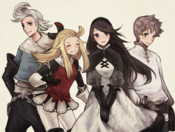 Rule 34 | 2girls, agnes oblige, ahoge, blonde hair, bow, bravely default: flying fairy, bravely default (series), breasts, brown hair, chizu (fiute), closed mouth, dress, edea lee, elbow gloves, gloves, hair bow, long hair, looking at viewer, multiple boys, multiple girls, open mouth, ringabel, simple background, smile, tiz arrior