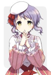 Rule 34 | beret, collared dress, commentary request, dot nose, dress, expressionless, eyebrows, frilled sleeves, frills, hands up, hat, highres, idolmaster, idolmaster million live!, idolmaster million live! theater days, long sleeves, looking at viewer, makabe mizuki, own hands together, puffy sleeves, purple hair, red dress, ribbed hat, short hair, sidelocks, solo, toro (shiro), two-tone dress, wavy hair, white dress, white hat, yellow eyes