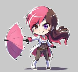 Rule 34 | 1girl, bead necklace, beads, black gloves, boots, breasts, brown eyes, brown hair, check commentary, chibi, cleavage, commentary request, gloves, heterochromia, iesupa, jewelry, multicolored hair, navel, necklace, neo politan, parasol, pink hair, purple eyes, rwby, rwby chibi, smile, solo, split-color hair, umbrella, white footwear