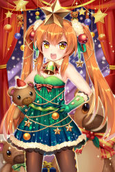 Rule 34 | &gt;:d, 1girl, :d, bad id, bad pixiv id, bare shoulders, bell, blonde hair, breasts, brown pantyhose, character request, christmas ornaments, copyright request, curtains, dress, fur trim, gloves, gold trim, gradient dress, green dress, green gloves, hair ornament, hair ribbon, hand on own hip, hat, long hair, looking at viewer, mini hat, mvv, open mouth, orange hair, pantyhose, pantyhose on head, ribbon, santa hat, small breasts, smile, solo, star (symbol), star hair ornament, strapless, strapless dress, stuffed animal, stuffed toy, teddy bear, twintails, v-shaped eyebrows, very long hair