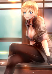 Rule 34 | &gt;:), 1girl, arm support, black gloves, black pantyhose, blonde hair, blue eyes, blush, breasts, cleavage, closed mouth, crossed legs, fingerless gloves, from side, gloves, jewelry, jill valentine, large breasts, looking at viewer, looking to the side, low ponytail, nagare, necklace, pantyhose, resident evil, resident evil 5, shirt, sitting, skirt, skirt set, sleeves rolled up, smile, solo, striped clothes, striped shirt, v-shaped eyebrows, vertical-striped clothes, vertical-striped shirt