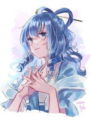 Rule 34 | 1girl, blue eyes, blue hair, cropped torso, drill hair, drill sidelocks, hair ornament, hair rings, hair stick, highres, interlocked fingers, kaku seiga, m (neteitai10), own hands clasped, own hands together, ringlets, sidelocks, signature, solo, steepled fingers, touhou, twin drills, upper body