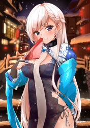 Rule 34 | 1girl, absurdres, architecture, azur lane, belfast (azur lane), belfast (iridescent rosa) (azur lane), belfast (iridescent rosa) (azur lane), black gloves, blush, braid, breasts, bridge, chain, chinese clothes, cleavage cutout, clothing cutout, collar, cowboy shot, dress, earrings, east asian architecture, fingerless gloves, folding fan, gloves, hand fan, highres, jewelry, lantern, long hair, long sleeves, looking at viewer, medium breasts, night, panties, purple eyes, ryou (ryo 217cafe), sash, side-tie panties, side cutout, side slit, silver hair, smile, snow, solo, standing, underwear