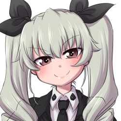 Rule 34 | 10s, 1girl, anchovy (girls und panzer), anzio school uniform, black cape, black ribbon, blush, cape, drill hair, female focus, girls und panzer, green hair, grin, hair ribbon, hanya (hanya yashiki), lips, long hair, looking at viewer, red eyes, ribbon, school uniform, simple background, smile, solo, standing, twin drills, twintails, upper body, very long hair, white background