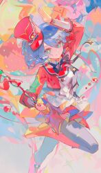 Rule 34 | 1girl, absurdres, animal ears, arm up, baton, black bow, black bowtie, blue eyes, blue hair, bow, bowtie, cat ears, closed mouth, hair between eyes, hat, hatsune miku, highres, hlymoriia, holding, jacket, long sleeves, looking at viewer, medium hair, musical note, musical note print, official alternate costume, official alternate hair length, official alternate hairstyle, project sekai, red bow, red headwear, red jacket, red skirt, sekai ni hibike! your song (project sekai), shako cap, shirt, skirt, smile, solo, sparkling eyes, star (symbol), striped, striped jacket, striped skirt, treble clef, twintails, vertical-striped jacket, vertical-striped skirt, vertical stripes, vocaloid, white shirt, wonderlands x showtime (project sekai), wonderlands x showtime miku