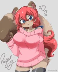 Rule 34 | 1girl, blue eyes, eromame, furry, furry female, glasses, long hair, open mouth, pink hair, smile, solo, sweater, thighhighs