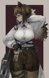 Rule 34 | 1girl, absurdres, animal ears, animal hands, arknights, arm up, bag, bags under eyes, belt, border, breasts, brown gloves, brown hair, brown pantyhose, brown shorts, closed mouth, collared shirt, cowboy shot, cross tie, gloves, grey border, hand on own hip, highres, large breasts, leg up, long hair, long sleeves, looking away, looking to the side, pantyhose, patterned clothing, ponytail, purple background, raccoon ears, raccoon girl, robin (arknights), shirt, shorts, sidelocks, simple background, smile, solo, squiggle, timitarcat, yellow eyes