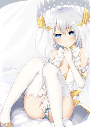 Rule 34 | 1girl, :/, absurdres, artist name, ass, bare shoulders, blue eyes, blush, crown, date a live, dress, gloves, hand on own face, highres, knees together feet apart, looking at viewer, panties, pantyshot, short hair, silver hair, sitting, sleeveless, sleeveless dress, solo, spoilers, striped clothes, striped panties, thighhighs, thighs, tobiichi origami, underwear, veil, white dress, white gloves, white thighhighs