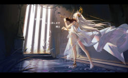 Rule 34 | 1girl, animal ears, arknights, bikini, blonde hair, chinese commentary, female focus, floating hair, full body, highres, horse ears, horse girl, horse tail, instrument, laurel crown, letterboxed, long hair, music, official alternate costume, platinum (arknights), platinum (shimmering dew) (arknights), playing instrument, scenery, see-through, soaking feet, solo, swimsuit, tail, very long hair, violin, wading, white bikini, xiao feng, yellow eyes