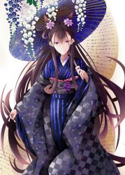 Rule 34 | 1girl, absurdres, animal ears, blue kimono, brown hair, checkered clothes, checkered kimono, cone hair bun, fate/grand order, fate (series), flower, fudo shin, hair between eyes, hair bun, hair flower, hair ornament, highres, holding, holding umbrella, japanese clothes, kimono, long hair, murasaki shikibu (fate), oil-paper umbrella, over shoulder, purple eyes, sidelocks, simple background, smile, solo, standing, striped clothes, striped kimono, umbrella, very long hair, white background, wide sleeves