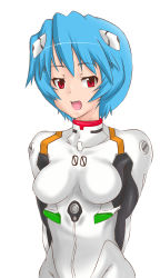 Rule 34 | ayanami rei, bad id, bad pixiv id, blue hair, highres, interface headset, madarame, neon genesis evangelion, plugsuit, red eyes, short hair, simple background, solo, white background
