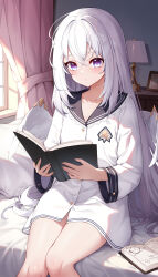 Rule 34 | 1girl, absurdres, angel wings, azusa (blue archive), bed, blue archive, book, buttons, closed mouth, crossed bangs, curtains, doodle sensei (blue archive), hair between eyes, highres, holding, holding book, indoors, lamp, long hair, long sleeves, looking at viewer, nightstand, no pants, on bed, open book, pillow, poinia, purple eyes, raised eyebrows, sensei (blue archive), shirt, sidelighting, sitting, solo, thighs, very long hair, white hair, white shirt, white wings, window, window shadow, wing ornament, wings