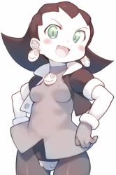 Rule 34 | 1girl, :d, bachera, blush, breasts, cowboy shot, cropped jacket, crotch plate, earrings, gloves, green eyes, highres, jacket, jewelry, leotard, leotard under clothes, long hair, looking at viewer, mega man (series), mega man legends (series), open clothes, open jacket, open mouth, pantyhose, puffy short sleeves, puffy sleeves, shirt, short sleeves, simple background, small breasts, smile, solo, standing, tron bonne (mega man), v-shaped eyebrows, white background