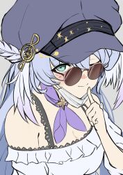 Rule 34 | 1girl, absurdres, blue hair, choker, glasses, green eyes, grey background, head wings, highres, honkai: star rail, honkai (series), mask, mouth mask, musical note ornament, official alternate costume, one eye closed, purple choker, robin (honkai: star rail), simple background, solo, ssa (kiseion), upper body, white wings, wings