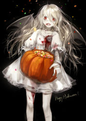 Rule 34 | 1girl, bandages, blood, blood in mouth, blood stain, blood on clothes, candy, cotta, dress, fang, happy halloween, highres, long hair, nail polish, original, pumpkin, screw, solo, stitches, wavy hair, wings