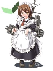 Rule 34 | 10s, 1girl, @ @, alternate costume, black dress, black pantyhose, blush, brown eyes, brown hair, cannon, dress, enmaided, kantai collection, maid, open mouth, pantyhose, short hair, solo, tatsumi ray, torpedo, turret, wakaba (kancolle)