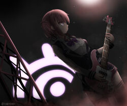 Rule 34 | 1girl, absurdres, bass guitar, black jacket, black skirt, black thighhighs, blazer, blunt bangs, bow, bowtie, breasts, carrying over shoulder, cevio, commentary, cowboy shot, dutch angle, fog, glowing, highres, instrument, jacket, light particles, light smile, logo, looking to the side, medium breasts, miniskirt, music, natsuki karin, playing instrument, pleated skirt, purple bow, purple bowtie, purple eyes, red hair, school uniform, shirt, short hair, short twintails, shoulder strap, sidelocks, skindentation, skirt, solo, spotlight, standing, syakesoko, synthesizer v, thighhighs, truss, twintails, twitter username, white shirt, zettai ryouiki