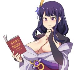 Rule 34 | 1girl, absurdres, book, breasts, bridal gauntlets, cleavage, commentary, genshin impact, hair ornament, hand on own chin, highres, hinghoi, holding, holding book, japanese clothes, kimono, large breasts, long hair, off shoulder, purple eyes, purple hair, purple kimono, raiden shogun, simple background, solo, upper body, white background
