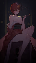 Rule 34 | 1girl, at2., bare shoulders, blush, brown hair, character request, choker, collarbone, copyright request, flat chest, grey eyes, highres, holding, holding smoking pipe, japanese clothes, kimono, lips, looking at viewer, parted lips, red kimono, short hair, sitting, smoking pipe, solo
