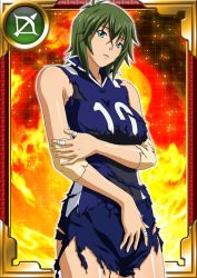 Rule 34 | 00s, 1girl, bare legs, breasts, card (medium), female focus, green hair, ikkitousen, kyocho chuukou, large breasts, looking at viewer, shiny skin, short hair, shorts, smile, solo, standing