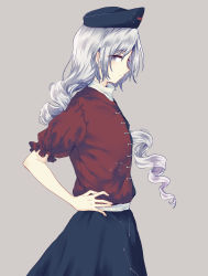 Rule 34 | 1girl, alternate breast size, blue skirt, commentary request, curly hair, doctor, eyelashes, frilled sleeves, frills, from side, grey background, grey eyes, hands on own hips, hat, highres, long hair, long skirt, looking at viewer, parted bangs, partial commentary, sidelocks, sideways glance, silver hair, simple background, skirt, solo, touhou, uranaishi (miraura), yagokoro eirin