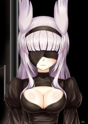 Rule 34 | 1girl, animal ears, black dress, blindfold, blunt bangs, breasts, cleavage, cleavage cutout, clothing cutout, cosplay, cyber (cyber knight), dress, hairband, head wings, heidimarie w. schnaufer, highres, light purple hair, long hair, long sleeves, medium breasts, nier:automata, nier (series), puffy long sleeves, puffy sleeves, see-through, solo, strike witches, upper body, wings, world witches series, 2b (nier:automata), 2b (nier:automata) (cosplay)