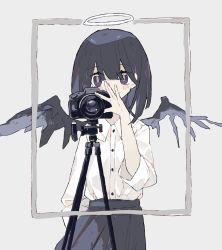 Rule 34 | 1girl, adjusting camera, aiming, aiming at viewer, arm at side, asymmetrical wings, black eyes, black hair, black skirt, black wings, blunt bangs, blush, bob cut, border, buttons, camera, collared shirt, commentary, english commentary, grey background, hair between eyes, halo, looking at viewer, medium hair, melanbread, original, pleated skirt, shirt, shirt tucked in, skirt, smile, solo, straight-on, taking picture, tripod, white shirt, wings
