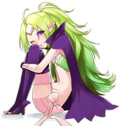 Rule 34 | 1girl, ahoge, blush, boots, cape, circlet, drawfag, fire emblem, fire emblem awakening, flat chest, green hair, grin, hugging own legs, long hair, nintendo, nowi (fire emblem), one eye closed, pink thighhighs, pointy ears, purple eyes, shorts, sitting, smile, solo, thigh boots, thighhighs, wink